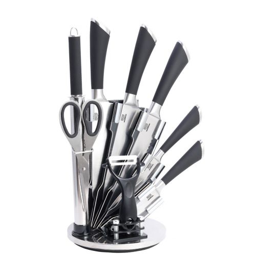  HIGH ALTITUDE FINE CUTLERY 9 PC Stainless Steel Kitchen Knife Block Set - Bonus Peeler, Scissors, Sharpener - Top Chef Knives for Professional Chopping Cutlery - Make Cooking and Food Prep Easy & Fun - Great