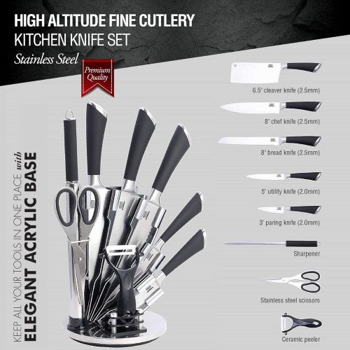  HIGH ALTITUDE FINE CUTLERY 9 PC Stainless Steel Kitchen Knife Block Set - Bonus Peeler, Scissors, Sharpener - Top Chef Knives for Professional Chopping Cutlery - Make Cooking and Food Prep Easy & Fun - Great