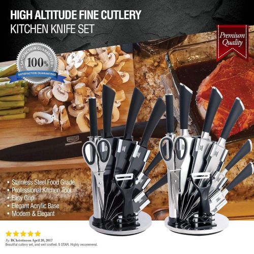  HIGH ALTITUDE FINE CUTLERY 9 PC Stainless Steel Kitchen Knife Block Set - Bonus Peeler, Scissors, Sharpener - Top Chef Knives for Professional Chopping Cutlery - Make Cooking and Food Prep Easy & Fun - Great