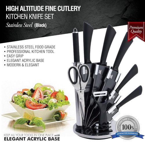  HIGH ALTITUDE FINE CUTLERY 9 PC Stainless Steel Kitchen Knife Block Set - Bonus Peeler, Scissors, Sharpener - Top Chef Knives for Professional Chopping Cutlery - Make Cooking and Food Prep Easy & Fun - Great