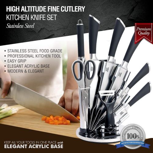  HIGH ALTITUDE FINE CUTLERY 9 PC Stainless Steel Kitchen Knife Block Set - Bonus Peeler, Scissors, Sharpener - Top Chef Knives for Professional Chopping Cutlery - Make Cooking and Food Prep Easy & Fun - Great