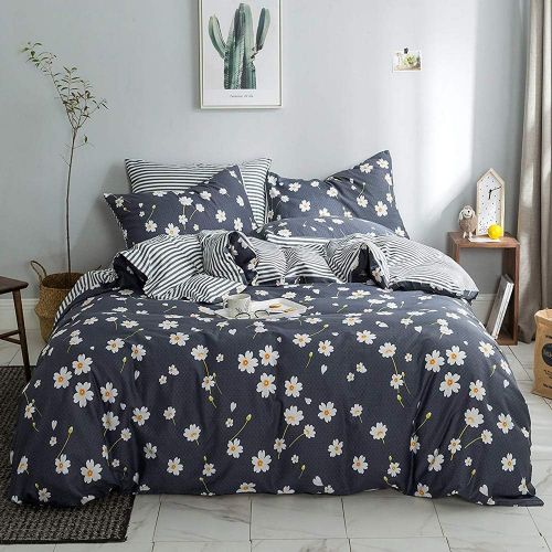  [아마존베스트]HIGHBUY Floral Print Kids Girls Bedding Duvet Cover Set Twin Cotton Striped Reversible Stripe Pattern Navy Blue Teens Boys Bedding Sets Twin 3 PC Single Bed Comforter Covers with Z