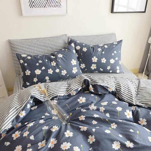  [아마존베스트]HIGHBUY Floral Print Kids Girls Bedding Duvet Cover Set Twin Cotton Striped Reversible Stripe Pattern Navy Blue Teens Boys Bedding Sets Twin 3 PC Single Bed Comforter Covers with Z