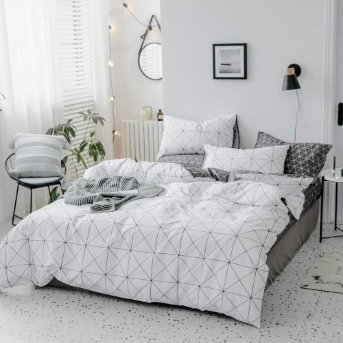  [아마존베스트]HIGHBUY Premium Cotton Plaid Full Bedding Sets White 3 Piece Men Boys Queen Geometric Duvet Cover Set Reversible Checkered Kids Comforter Cover Queen Lightweight Bedding Collection