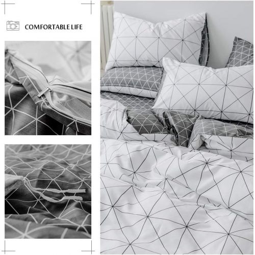  [아마존베스트]HIGHBUY Premium Cotton Plaid Full Bedding Sets White 3 Piece Men Boys Queen Geometric Duvet Cover Set Reversible Checkered Kids Comforter Cover Queen Lightweight Bedding Collection