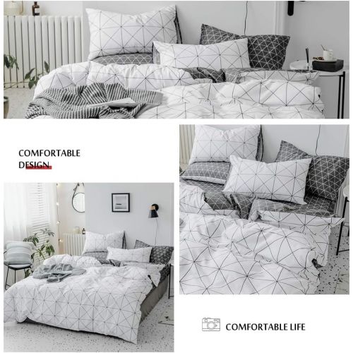  [아마존베스트]HIGHBUY Premium Cotton Plaid Full Bedding Sets White 3 Piece Men Boys Queen Geometric Duvet Cover Set Reversible Checkered Kids Comforter Cover Queen Lightweight Bedding Collection