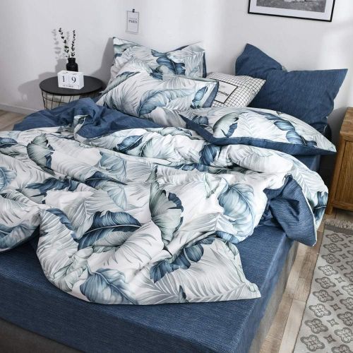  HIGHBUY Cotton Duvet Cover Queen Kids Floral Bedding Sets with Zipper Closure Reversible Blue White Leave Branches Print Comforter Cover 3 Piece Set Full for Teens Boys Girls Chris