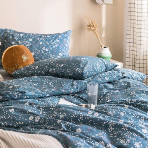  HIGHBUY Cotton Duvet Cover Queen Kids Floral Bedding Sets with Zipper Closure Reversible Blue White Leave Branches Print Comforter Cover 3 Piece Set Full for Teens Boys Girls Chris