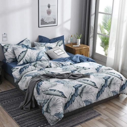  HIGHBUY Cotton Duvet Cover Queen Kids Floral Bedding Sets with Zipper Closure Reversible Blue White Leave Branches Print Comforter Cover 3 Piece Set Full for Teens Boys Girls Chris