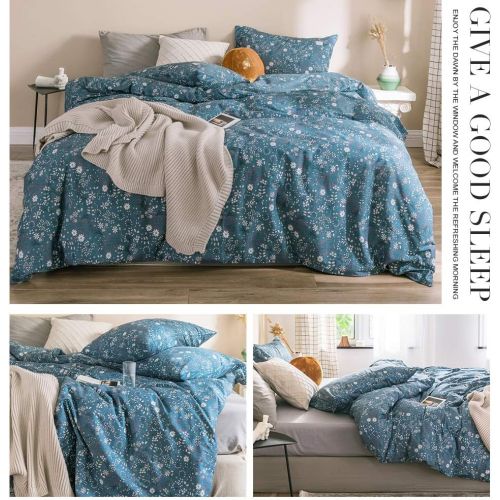  HIGHBUY Cotton Duvet Cover Queen Kids Floral Bedding Sets with Zipper Closure Reversible Blue White Leave Branches Print Comforter Cover 3 Piece Set Full for Teens Boys Girls Chris