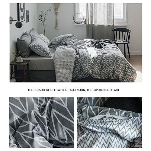  HIGHBUY 100% Natural Washed Cotton Duvet Cover Set Queen Geometric Plaid Pattern Luxury Soft Full Bedding Sets with Zipper Closure 3 Piece Green White Grid Reversible Comforter Cov