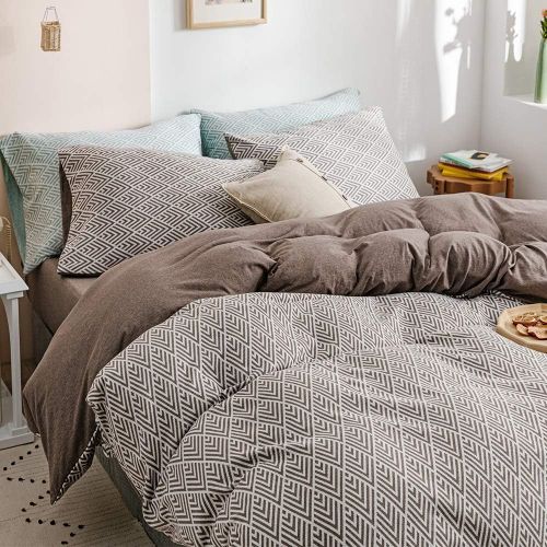  HIGHBUY 100% Natural Washed Cotton Duvet Cover Set Queen Geometric Plaid Pattern Luxury Soft Full Bedding Sets with Zipper Closure 3 Piece Green White Grid Reversible Comforter Cov