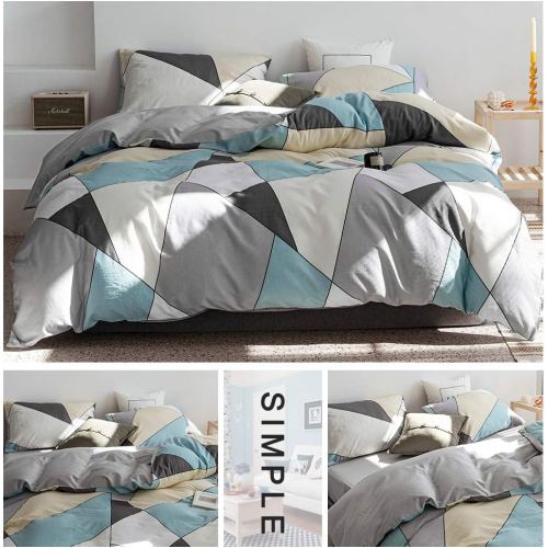  HIGHBUY 100% Natural Washed Cotton Duvet Cover Set Queen Geometric Plaid Pattern Luxury Soft Full Bedding Sets with Zipper Closure 3 Piece Green White Grid Reversible Comforter Cov