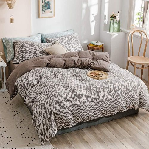  HIGHBUY 100% Natural Washed Cotton Duvet Cover Set Queen Geometric Plaid Pattern Luxury Soft Full Bedding Sets with Zipper Closure 3 Piece Green White Grid Reversible Comforter Cov