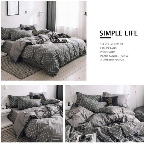  HIGHBUY 100% Natural Washed Cotton Duvet Cover Set Queen Geometric Plaid Pattern Luxury Soft Full Bedding Sets with Zipper Closure 3 Piece Green White Grid Reversible Comforter Cov