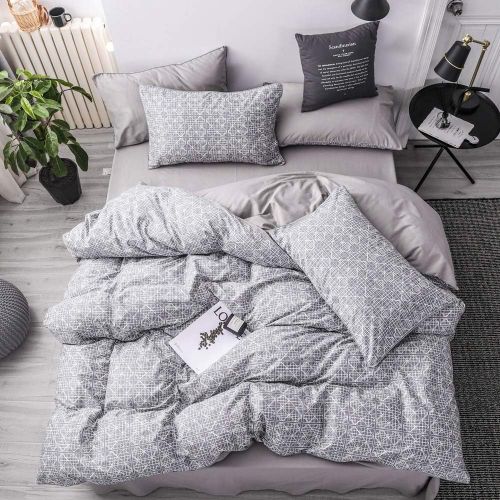  HIGHBUY 100% Natural Washed Cotton Duvet Cover Set Queen Geometric Plaid Pattern Luxury Soft Full Bedding Sets with Zipper Closure 3 Piece Green White Grid Reversible Comforter Cov