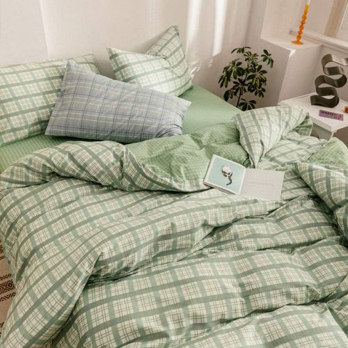  HIGHBUY Luxury Plaid Pattern Flannel Bedding Duvet Cover Set King Soft Cotton Red Grid Printed Comforter Cover King for Boys Men Reversible Modern Checkered Bedding Sets, Lightweig