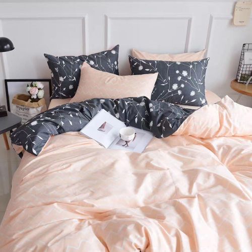  HIGHBUY Lightweight Printed Bedding Duvet Cover Set Full Peach Pink Dark Grey Premium Cotton 3-Pieces Reversible Comforter Quilt Covers Children Soft Cotton Kids Bedding Set Queen,