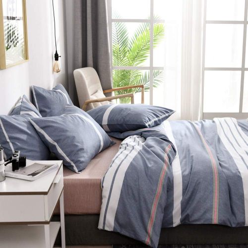  HIGHBUY Kids Striped Duvet Cover Twin Cotton Bedding Sets Dark Blue Gingham Duvet Cover Set for Teens Boys Reversible Geometric Comforter Cover Twin with Zipper Ties,Lightweight Soft Cotto