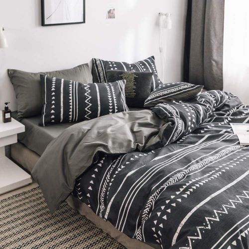  HIGHBUY Lightweight Soft Cotton Duvet Cover Queen Black Geometric Stripe Bedding Sets Full Black Teens Boys Reversible Duvet Comforter Cover Queen 3 Pieces Cartoon Children Stripe