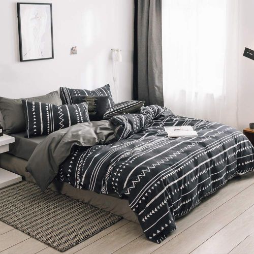  HIGHBUY Lightweight Soft Cotton Duvet Cover Queen Black Geometric Stripe Bedding Sets Full Black Teens Boys Reversible Duvet Comforter Cover Queen 3 Pieces Cartoon Children Stripe