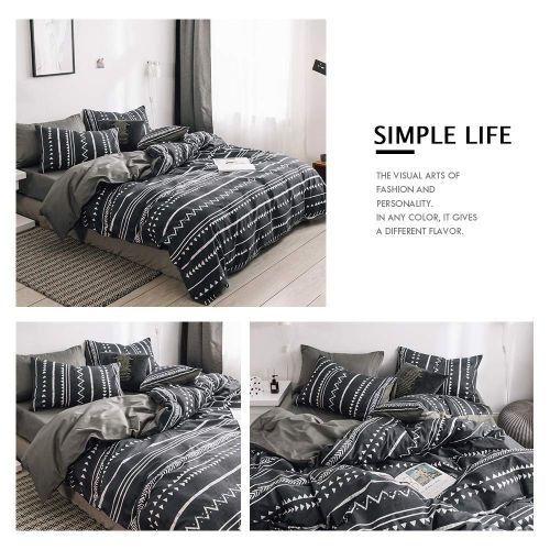  HIGHBUY Lightweight Soft Cotton Duvet Cover Queen Black Geometric Stripe Bedding Sets Full Black Teens Boys Reversible Duvet Comforter Cover Queen 3 Pieces Cartoon Children Stripe