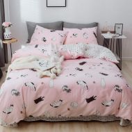 HIGHBUY 3 Piece Full Bedding Sets Pink Cat Print Kids Queen Duvet Cover Set for Girls Women Soft Cotton Kitten Comforter Covers for Bedding Collection Full Zipper Closure