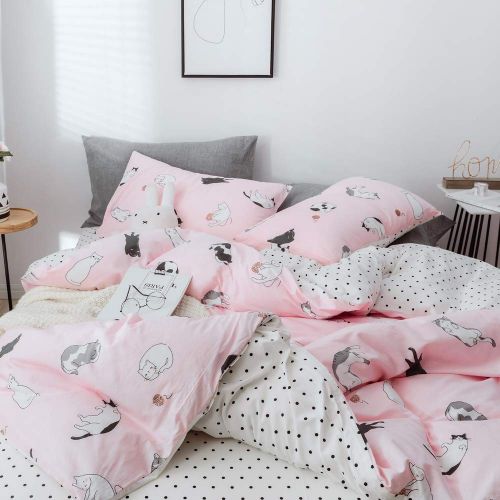  HIGHBUY 3 Piece Full Bedding Sets Pink Cat Print Kids Queen Duvet Cover Set for Girls Women Soft Cotton Kitten Comforter Covers for Bedding Collection Full Zipper Closure