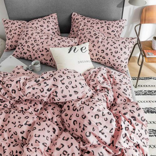  HIGHBUY Leopard Pattern Kids Duvet Cover Queen Pink Girls Bedding Sets Full Cotton Comforter Cover with Zipper Ties Reversible 3 Pieces Teens Full Bedding (Pink, Queen)
