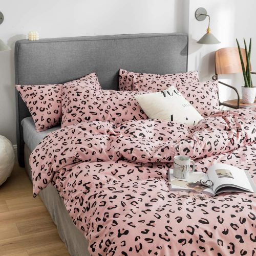  HIGHBUY Leopard Pattern Kids Duvet Cover Queen Pink Girls Bedding Sets Full Cotton Comforter Cover with Zipper Ties Reversible 3 Pieces Teens Full Bedding (Pink, Queen)