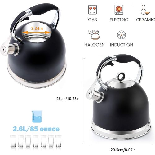  HIHUOS Tea Kettle for Stovetop, 3 Quart Loud Whistling Teapot with Cool Grip Ergonomic Handle Food Grade Stainless Steel Teakettle for Tea, Coffee (Black)