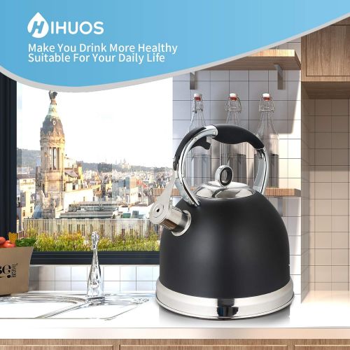  HIHUOS Tea Kettle for Stovetop, 3 Quart Loud Whistling Teapot with Cool Grip Ergonomic Handle Food Grade Stainless Steel Teakettle for Tea, Coffee (Black)