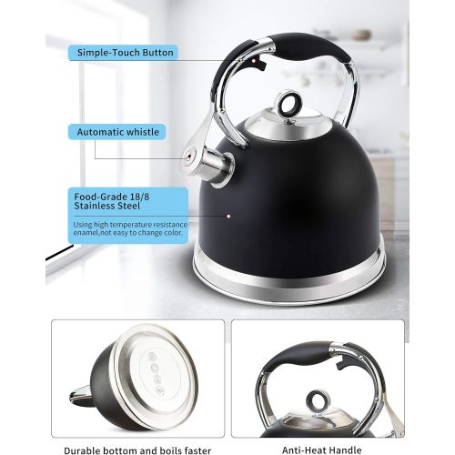  HIHUOS Tea Kettle for Stovetop, 3 Quart Loud Whistling Teapot with Cool Grip Ergonomic Handle Food Grade Stainless Steel Teakettle for Tea, Coffee (Black)