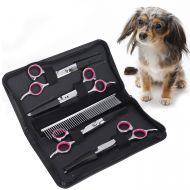 HIIZORR 5pcs Dog Pet Grooming Shears - Pet Magasin Pet Thinning Shears With Toothes Blade - Straight,Curved Shears With Combs,Stainless Steel Pet Trimmer Kit For Full Body,Nose ,Ear ,Long
