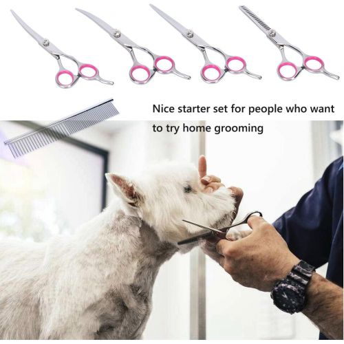  HIIZORR 5pcs Dog Pet Grooming Shears - Pet Magasin Pet Thinning Shears With Toothes Blade - Straight,Curved Shears With Combs,Stainless Steel Pet Trimmer Kit For Full Body,Nose ,Ear ,Long