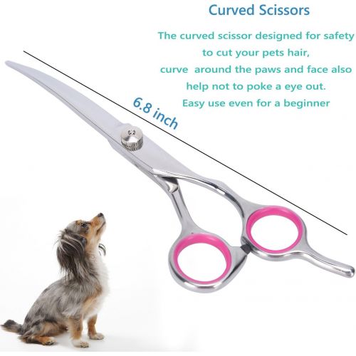  HIIZORR 5pcs Dog Pet Grooming Shears - Pet Magasin Pet Thinning Shears With Toothes Blade - Straight,Curved Shears With Combs,Stainless Steel Pet Trimmer Kit For Full Body,Nose ,Ear ,Long