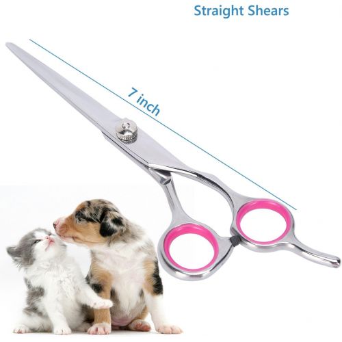  HIIZORR 5pcs Dog Pet Grooming Shears - Pet Magasin Pet Thinning Shears With Toothes Blade - Straight,Curved Shears With Combs,Stainless Steel Pet Trimmer Kit For Full Body,Nose ,Ear ,Long