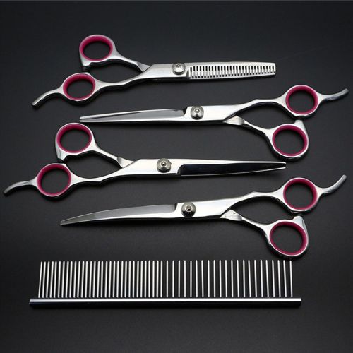  HIIZORR 5pcs Dog Pet Grooming Shears - Pet Magasin Pet Thinning Shears With Toothes Blade - Straight,Curved Shears With Combs,Stainless Steel Pet Trimmer Kit For Full Body,Nose ,Ear ,Long