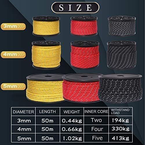  Hikeman 50m Reflective Guyline Solid Braid Nylon Camping Rope with Aluminum Adjuster Cord Tensioner Tent Accessory for Outdoor Travel,Hiking,Backpacking and Water Activities (Army