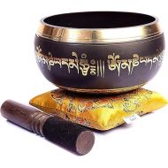 Tibetan Singing Bowl Set Bronze - Master Healing Grade - With Tibetan Thangka Art - Pure Tone By HIMALAYAN BAZAAR (Black & Yellow)