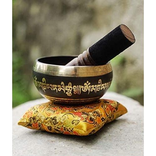  Tibetan Singing Bowl Set Bronze - Master Healing Grade - With Tibetan Thangka Art - Pure Tone By HIMALAYAN BAZAAR (Black & Yellow)