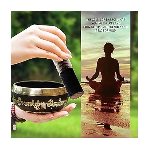  Tibetan Singing Bowl Set Bronze - Master Healing Grade - With Tibetan Thangka Art - Pure Tone By HIMALAYAN BAZAAR (Black & Yellow)