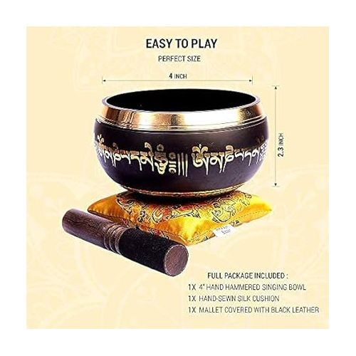  Tibetan Singing Bowl Set Bronze - Master Healing Grade - With Tibetan Thangka Art - Pure Tone By HIMALAYAN BAZAAR (Black & Yellow)