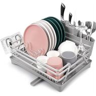 HIPPIH Dish Racks for Kitchen Counter, Dish Drying Rack with Drainboard Aluminum Compact Rustproof Dish Drainer with Adjustable Swivel Spout and Removable Utensil Racks