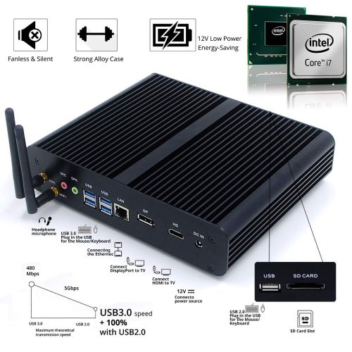  HISTTON Fanless Core i7 Mini PC Desktop PC with Intel Core i7 6500U 2.5Ghz 300M WiFi High Configuration and Fast Speed, Zero Noise Suitable for Home, Office,Game Computer (16GB RAM