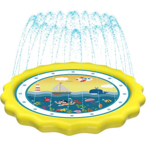  HITOP Kids Sprinklers for Outside, Splash Pad for Toddlers & Baby Pool 3-in-1 60 Water Toys Gifts for 1 2 3 4 5 Year Old Boys Girls Splash Play Mat (Ocean)