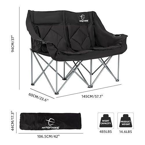  HITORHIKE Double Camping Chair Heavy Duty Oversized Folding Loveseat Camping Chair - Single/Double, All-Season Design with Cup Holder for Camping, Picnic, Beach