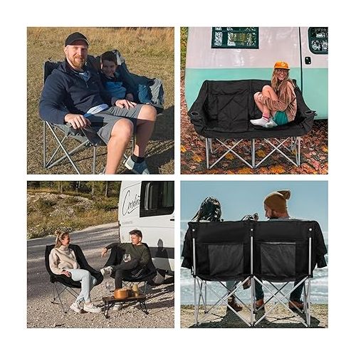  HITORHIKE Double Camping Chair Heavy Duty Oversized Folding Loveseat Camping Chair - Single/Double, All-Season Design with Cup Holder for Camping, Picnic, Beach