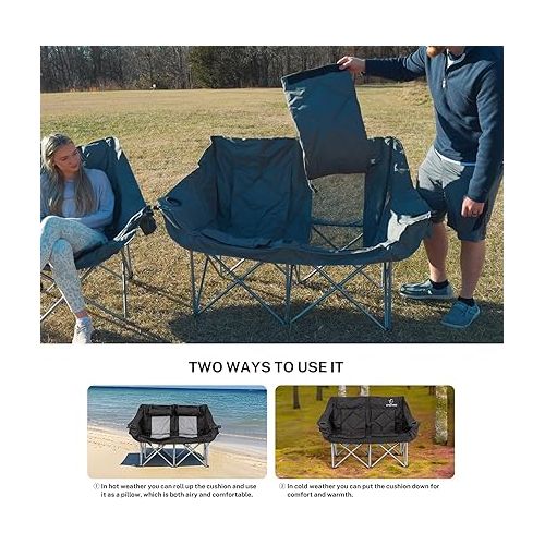  HITORHIKE Double Camping Chair Heavy Duty Oversized Folding Loveseat Camping Chair - Single/Double, All-Season Design with Cup Holder for Camping, Picnic, Beach