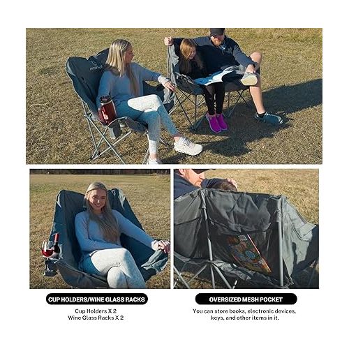  HITORHIKE Double Camping Chair Heavy Duty Oversized Folding Loveseat Camping Chair - Single/Double, All-Season Design with Cup Holder for Camping, Picnic, Beach